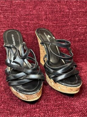 Classified Black Strappy Cork Wedge Sandals